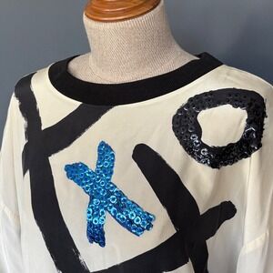 Vintage Julie Francis Silk Blouse | Sz 6 | Cream Blue Black Sequin 1980s Design
